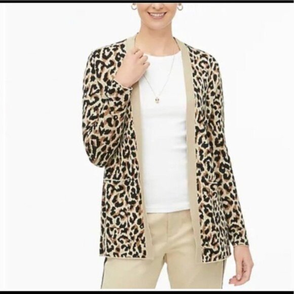 J. Crew Leopard Open Front Cardigan 100% Sweater Sz M - Picture 2 of 10